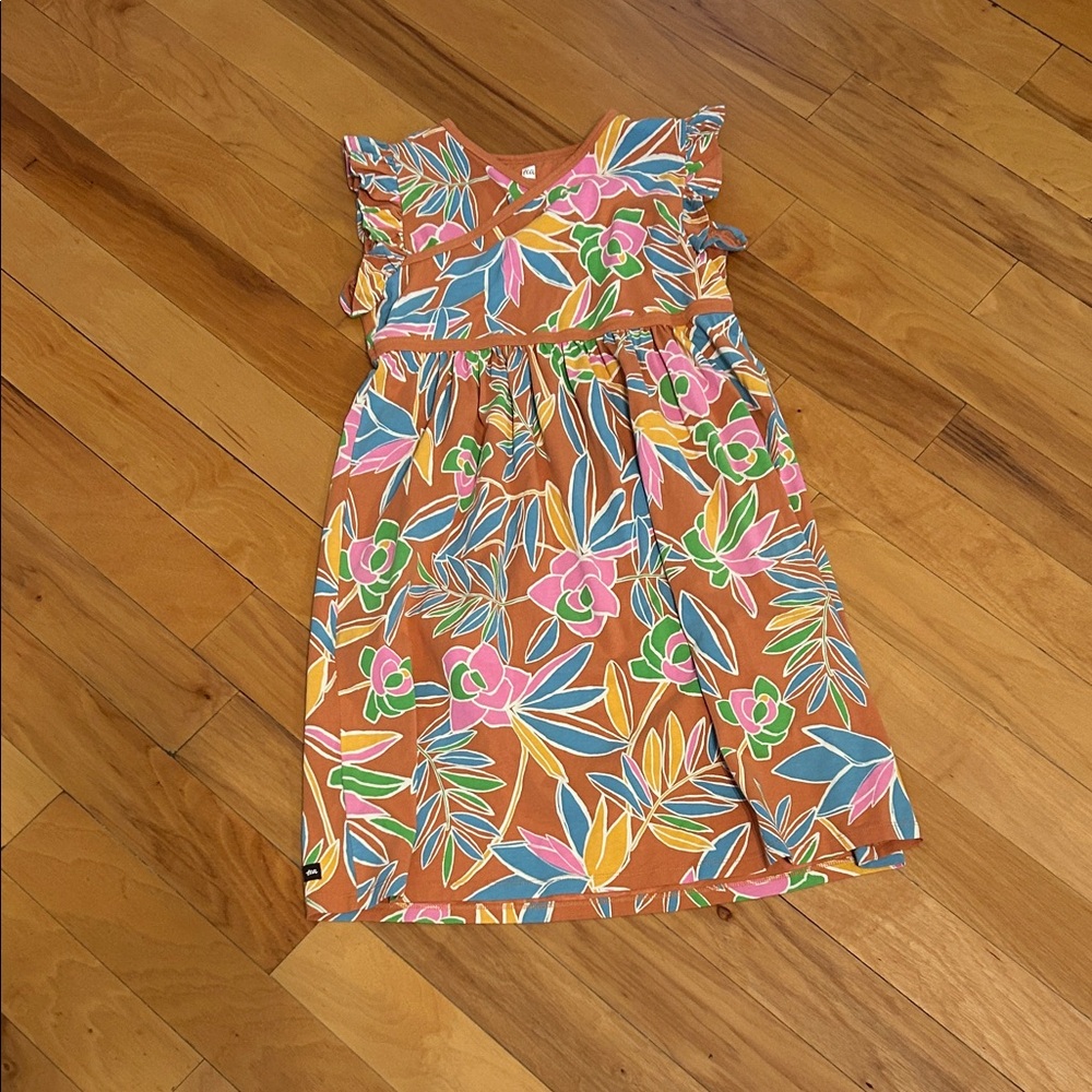 Tropical Floral Kids Dress with Ruffle Sleeves
